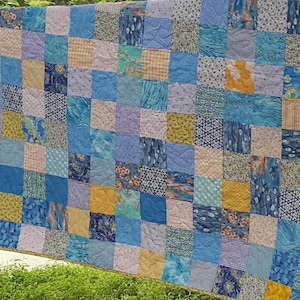 Bed Quilt, lap quilt, blue, yellow, all cotton, cozy quilt, yellow calico backing, support Ukraine, snuggly and soft, FREE SHIPPING