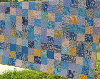 Bed Quilt, lap quilt, blue, yellow, all cotton, cozy quilt, yellow calico backing, proceeds to Save the Children, Help Ukraine