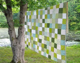 Spring Green Patchwork Quilt: Cotton Scraps, Retro Bedding (81x81)