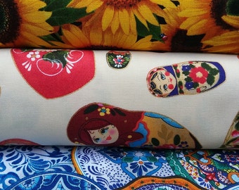 Cotton fabric, FQ bundle, Elizabeth Studios, M645CREAM, 487YELLOW, 109BLUE Matryoshka, Sunflowers, Fiesta