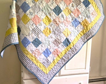 Baby Quilt, Winnie the Pooh, patchwork, white, blue, pink, yellow, grey, 43 X 48 in , all cotton