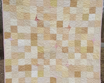 Handmade Patchwork Baby Quilt, Beige Cream Pink Cotton Crib Blanket (67" x 67")