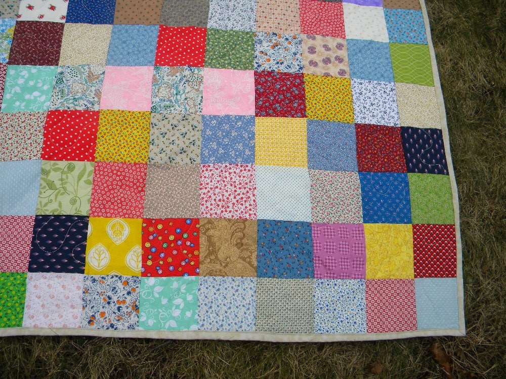 Homemade 93 X 93 Queen Size Quilt, Colorful Patchwork Farmhouse Bedding ...