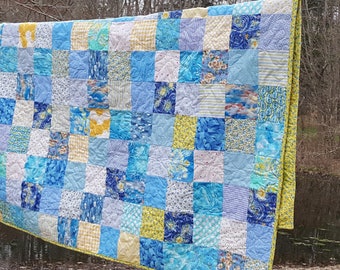 Blue and Yellow Quilt: Cotton Picnic Blanket (79 X 79)