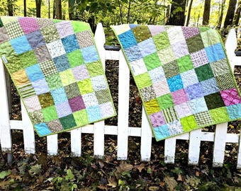 Patchwork Baby Quilt Set: Spring Green Cotton Toddler Quilts (41x54) Vintage Vibe