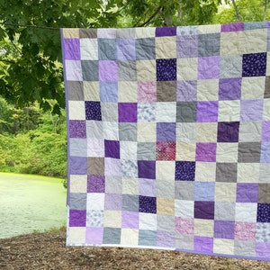 Quilt, Double--Cotton Patchwork--picnic size--Pops of Purple --81 X 81 blanket, cotton, purple, gray, white, cream, dorm, apartment, wedding