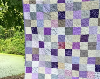 Quilt, Double--Cotton Patchwork--picnic size--Pops of Purple --81 X 81 blanket, cotton, purple, gray, white, cream, dorm, apartment, wedding