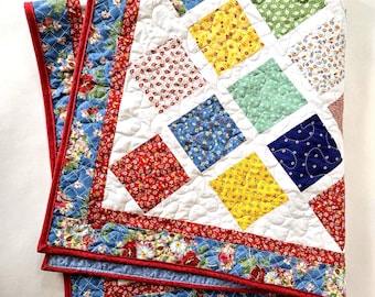 Handmade Cotton Toddler Quilt, American Jane Fabric, Primary Colors (44x52)