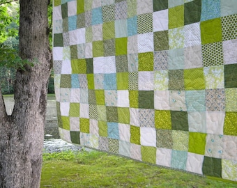 Patchwork Quilts, handmade cotton bedding, King Size--93X106--Spring Green, moss, pea, grey, beige  comforter, unique gift, roomy bespread