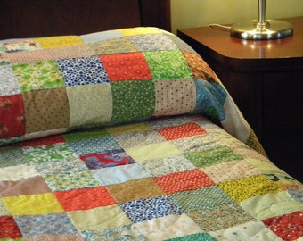 Quilts, Patchwork bed Quilt--Queen Size--93 X 93--all cotton blanket, retro vintage look, primary colors, bedding decor, handmade