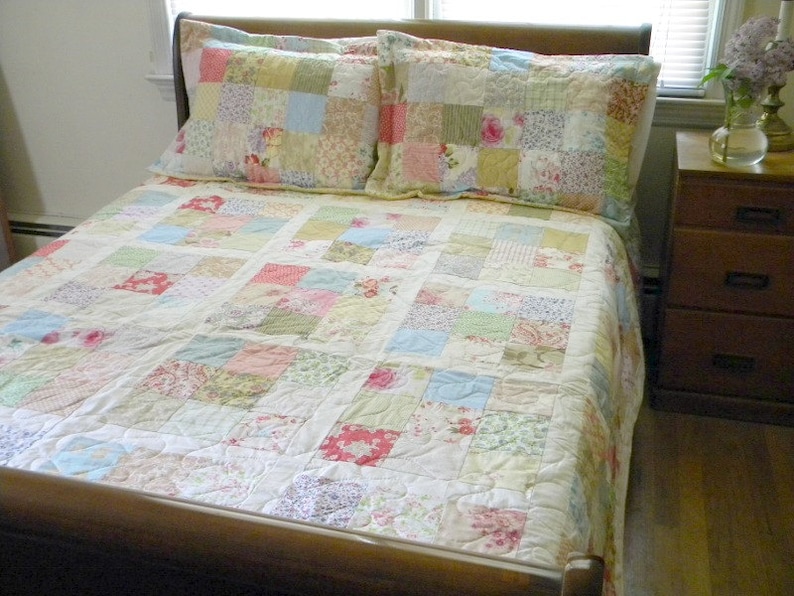 Quilts, Shabby Chic, Cottage Chic Patchwork Quilt Queen Size 92X92 all cotton blanket, two shams, free US shipping, Quiltsy Handmade image 3