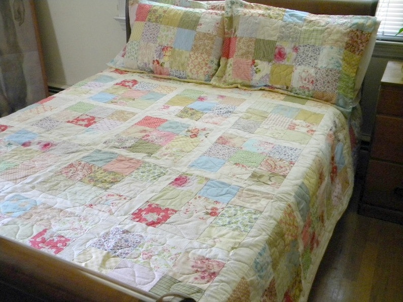 Quilts, Shabby Chic, Cottage Chic Patchwork Quilt Queen Size 92X92 all cotton blanket, two shams, free US shipping, Quiltsy Handmade image 5