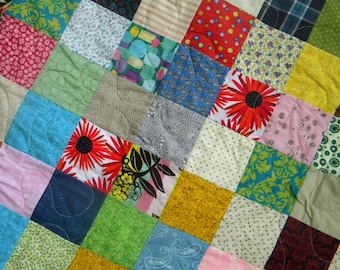Homemade Cotton Quilt: Bright Retro Patchwork Bedding (81x81)