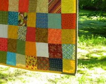 Handmade Patchwork Queen Quilt: Earthtone Cotton Bedding (93x93)