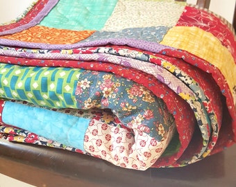 Americana Patchwork Quilt: Vintage Cotton Farmhouse Lap Quilt (81x81)