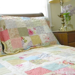 Quilts, Shabby Chic, Cottage Chic Patchwork Quilt Queen Size 92X92 all cotton blanket, two shams, free US shipping, Quiltsy Handmade