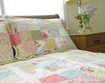 Quilts, Shabby Chic, Cottage Chic Patchwork Quilt Queen Size 92X92 all cotton blanket, two shams, free US shipping, Quiltsy Handmade
