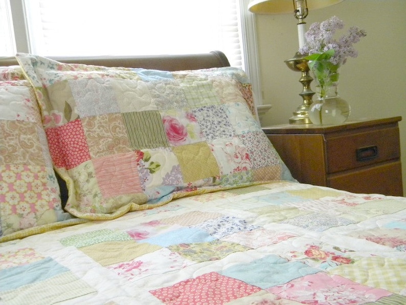 Quilts, Shabby Chic, Cottage Chic Patchwork Quilt Queen Size 92X92 all cotton blanket, two shams, free US shipping, Quiltsy Handmade image 1