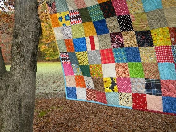 Handmade Patchwork Quilt: Funky Scrappy Cotton Blanket (81x81)