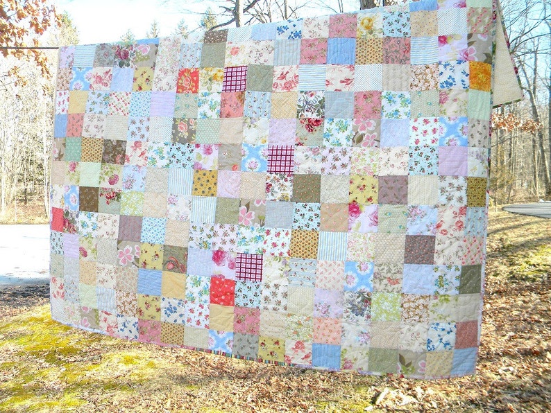 Shabby Chic Quilt, Patchwork Quilt, Cottage Chic, Soft Floral bed qult, Picnic/Double/Full 81 X 81 All Cotton Blanket image 5