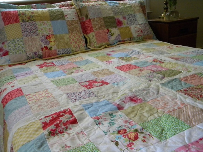 Quilts, Shabby Chic, Cottage Chic Patchwork Quilt Queen Size 92X92 all cotton blanket, two shams, free US shipping, Quiltsy Handmade image 4