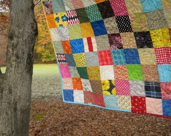 Funky Random Patchwork Quilt--picnic/double size--81X81--all cotton blanket, Quiltsy Handmade