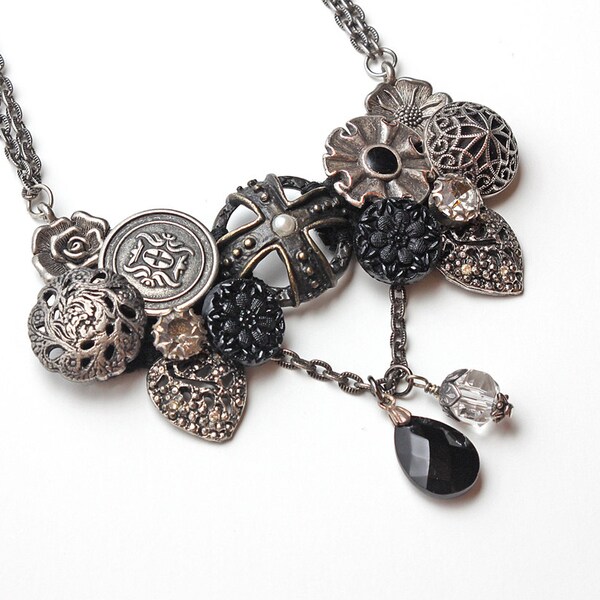 Vintage Button Statement Necklace Gothic Victorian Steampunk Black Oxidized Silver Rhinestones Charms Crystals Filigree One of a Kind