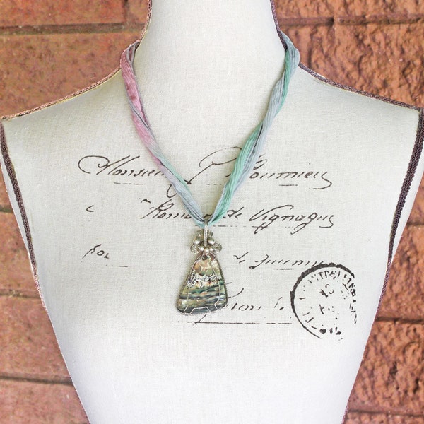 Sterling Silver Wirewrapped Pendant Iridescent MOP Shell Hand Dyed Silk Ribbon Pastel Blue Pink Green Sage Grey Southwestern Gypsy Boho