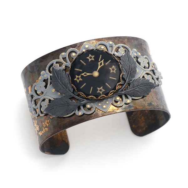 Steampunk laiton brassard patine Filigree Vintaj Arte métal feuilles Vintage noir or verre horloge Face Cabochon Antique Bronze gris victorien