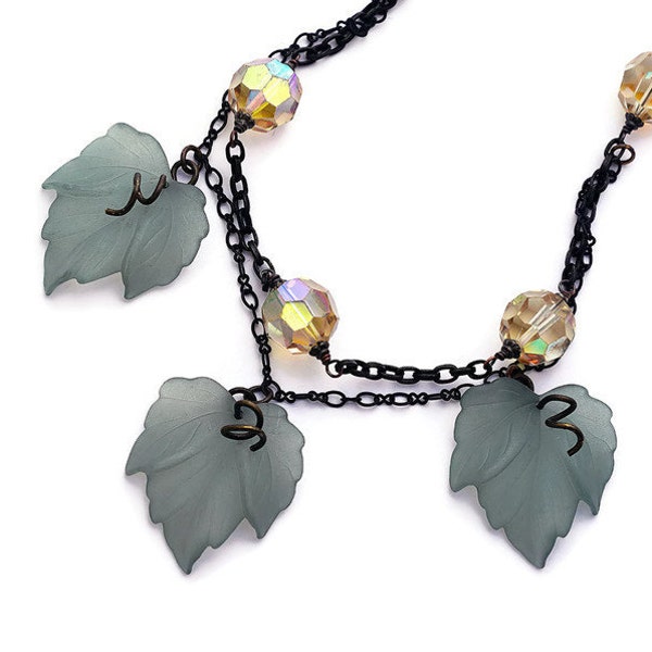 Romantic Leaves Necklace Vintage Gray Blue Green Lucite Leaves Gold AB Crystals Black Chain Antique Brass Heart Clasp Mad Men Boho Chic OOAK