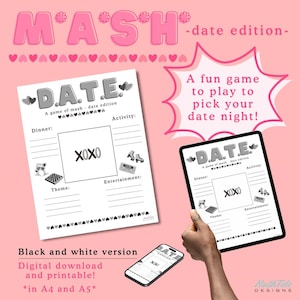 May include: Digital download in pink and white, featuring "M*A*S*H - date edition". The image shows a printable game sheet with spaces for dinner, activity, theme, and entertainment. A tablet and phone display the game.