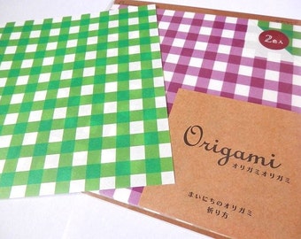 Checks Modern Origami Paper - Purple and Green Paper With Folding Instructions ( 10 of each colour - 20 sheets total )