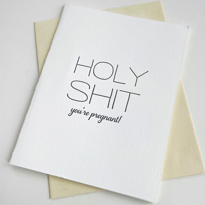 Letterpress Baby Congratulations card Holy St You're Pregnant mature, funny image 1