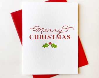 Letterpress Christmas Card Letterpress Holiday Cards - Merry Christmas Holly