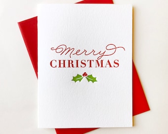 Letterpress Christmas Card Letterpress Holiday Cards - Merry Christmas Holly