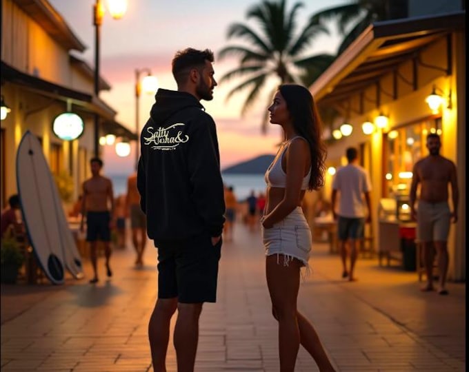 Featured listing image: SaltyAlohaHawaii Logo Hoodie, Lightweight Sweatshirt, Unisex Hooded Top, Graphic Print Jumper, Beach Surfwear, Vacation Apparel