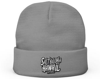 Beanie, SaltyAlohaHawaii Apparel Co Logo Embroidered Hat, Winter Cap, Knit Skull Cap, Ski Beanie, Hipster Headwear