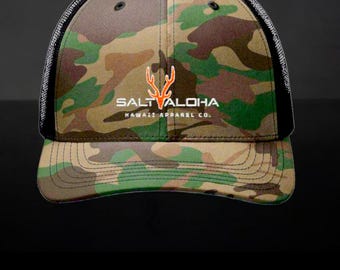 Trucker Hat, SaltyAlohaHawaii Embroidered Cap, Camouflage Headwear, Antlers Design, Axis Derr, Military Style Hat