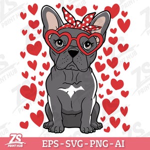 Valentine French Bulldog SVG PNG, Heart Glasses Dog Clipart, Cute Frenchie Love Digital Download, French Bulldog with Hearts, Romantic Dog