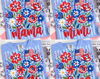 ストライプ柄のワイルドフラワーママバンドルPNG、7月4日ママPNG、アメリカ愛国ママPNG、プレッピーなジジナナミミPNG、トレンディな小花柄アメリカPNG