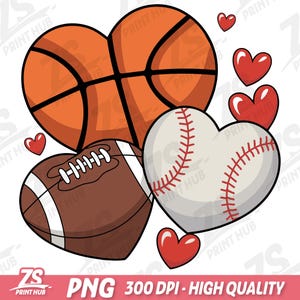 Valentine Sports Png, Sports Heart Png, Baseball, Soccer, Basketball, Football, Sport Heart Valentines Day Png, Digital Download