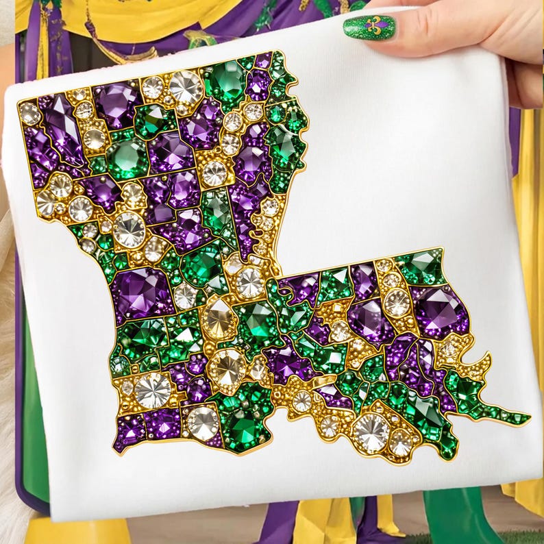 May include: A white square item featuring a jeweled outline of the state of Louisiana. The outline is filled with green, purple, and clear gemstones, with gold-colored accents. The item is held by a person with green nail polish.