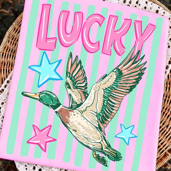 Lucky Duck Striped Png, Funny Animal Meme Design, Retro Summer Coastal Preppy Stripes, Lucky Shirt Design, Mallard Duck Digital Download
