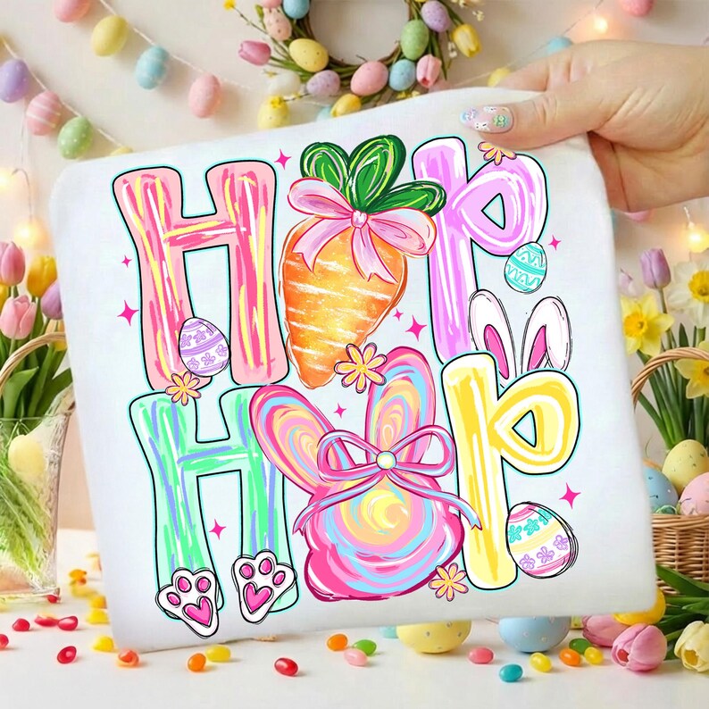 Peut inclure: Un coussin blanc sur le th&egrave;me de P&acirc;ques avec les mots "Hip Hop" en lettres color&eacute;es. Le motif comprend une carotte, des oreilles de lapin, des &oelig;ufs de P&acirc;ques et des empreintes de pattes de lapin. Le coussin est tenu par une main.