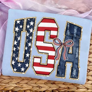 Patchwork USA Letters PNG, Coquette Bow, Denim Stars Stripes (Digital Download)