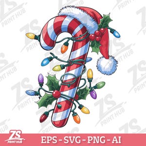 Puede incluir: Un bastón de caramelo rojo y blanco con un patrón de rayas rojas y blancas está envuelto con una cadena de luces navideñas de colores. El bastón de caramelo está coronado con un gorro de Papá Noel rojo con ribete blanco y una rama de acebo verde con bayas rojas.