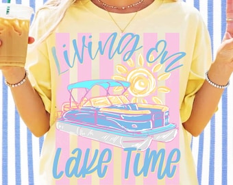 Living On Lake Time Png, Striped Lake Life Png, Retro Pontoon Boat Png, Preppy Summer Lake Png, Lake Trip Design Png, Summer Vacation Png