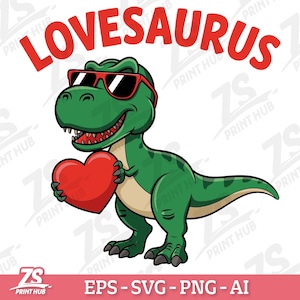 Lovesaurus SVG PNG, Clipart dinosauro di San Valentino, T-Rex carino con cuore, Grafica dinosauro romantica, Dinosauro dell'amore per bambini, Download digitale