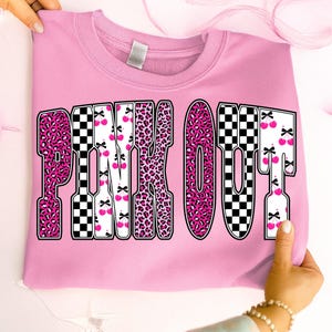 Pink Out Png, Leopard Checker Cherry Letters Sublimation, Breast Cancer Football Sublimation, Trendy Awareness Game Day Png