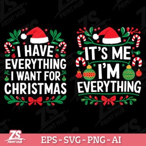 Può includere: Due disegni a tema natalizio con colori rosso e verde. Il primo disegno dice "Ho tutto quello che voglio per Natale". Il secondo disegno dice "Sono io, sono tutto".